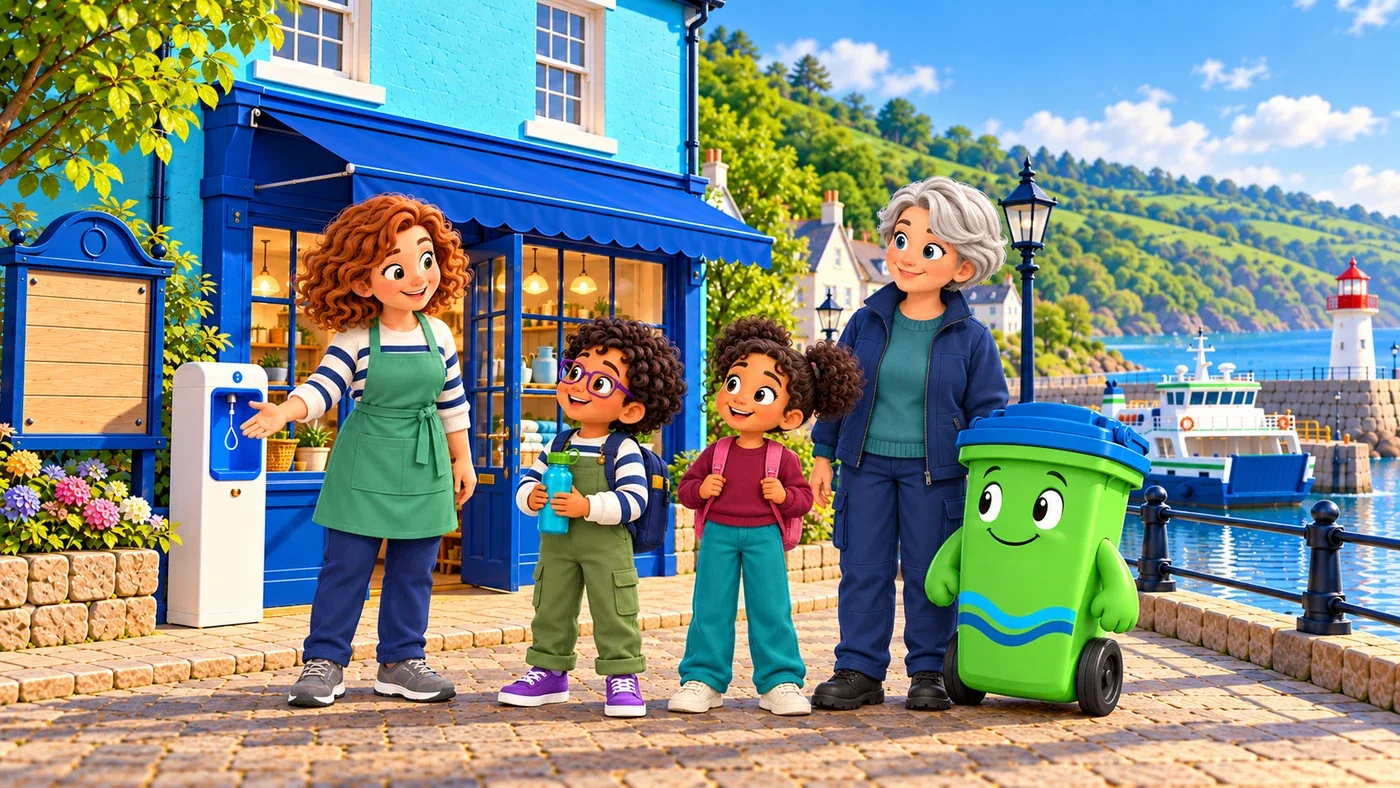In summer sunshine, Ailsa welcomes Rowan, Zara, Morag and Buddy outside the shop.