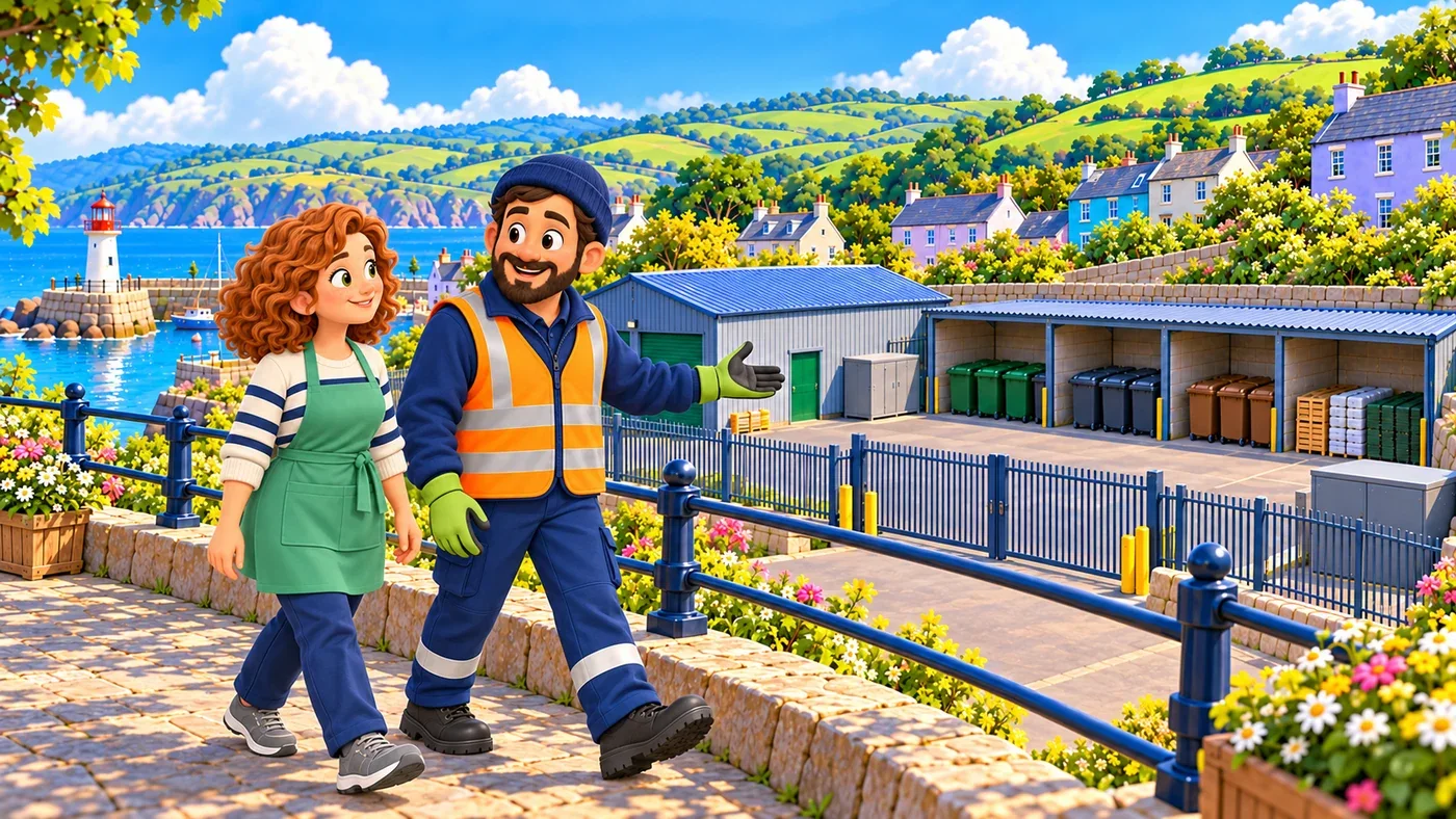 Iain and Ailsa walk along the visitor path outside the storage yard, Iain pointing to the closed bays.