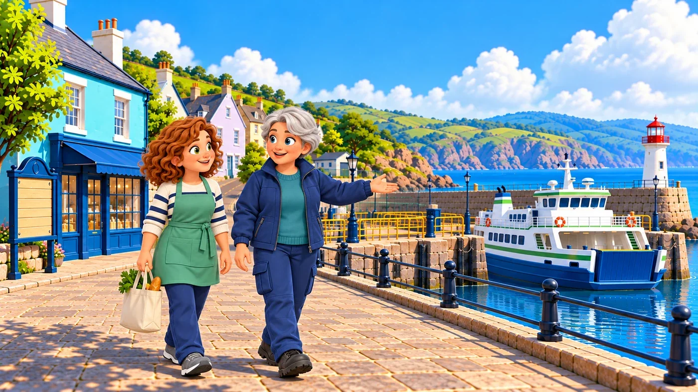 Morag and Ailsa walk along the landing, Morag pointing to the moored ferry.