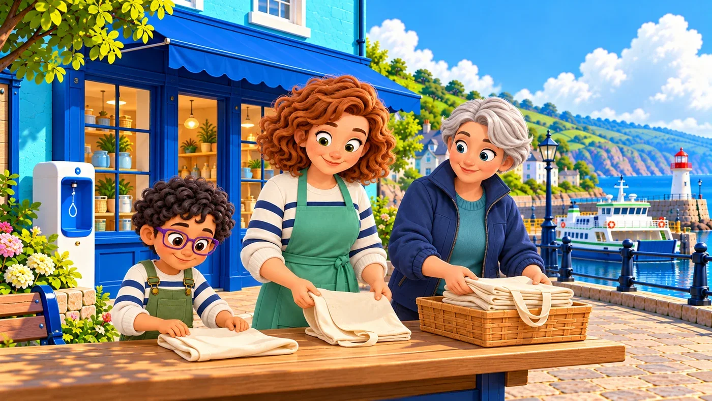 Rowan helps Ailsa and Morag fold cloth shopping bags into a basket outside the shop.