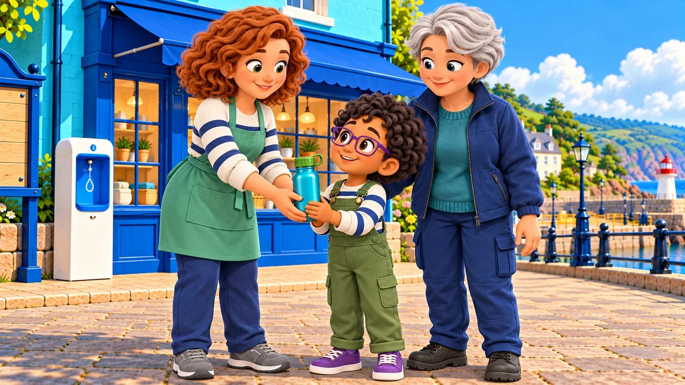 Ailsa hands Rowan a reusable bottle outside the shop while Morag smiles beside them.