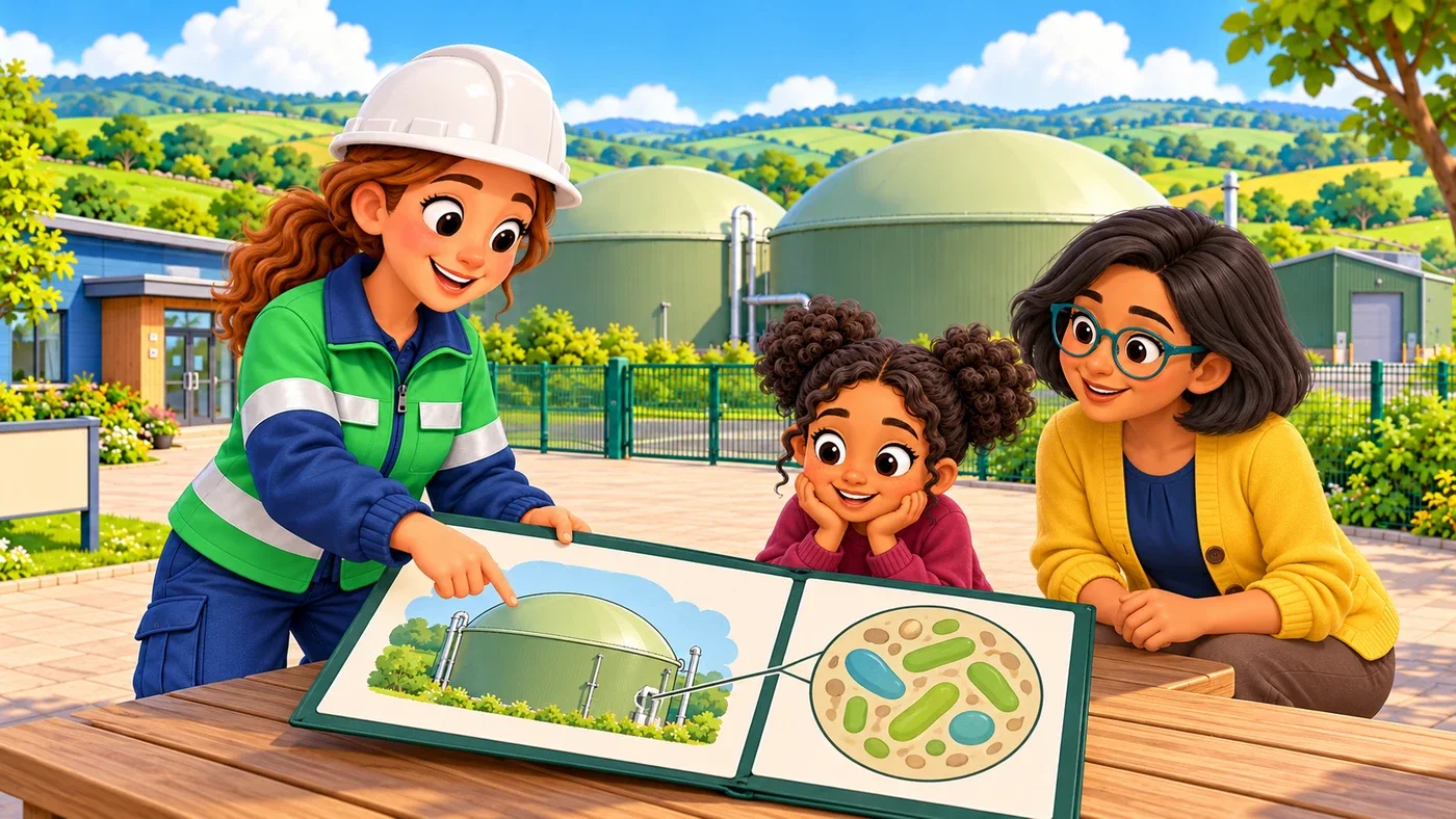 Amina opens a dark green teaching portfolio on a low wooden table for Zara and her teacher Isla, showing a drawing of a sealed dome tank and a magnified picture of soft oval shapes.