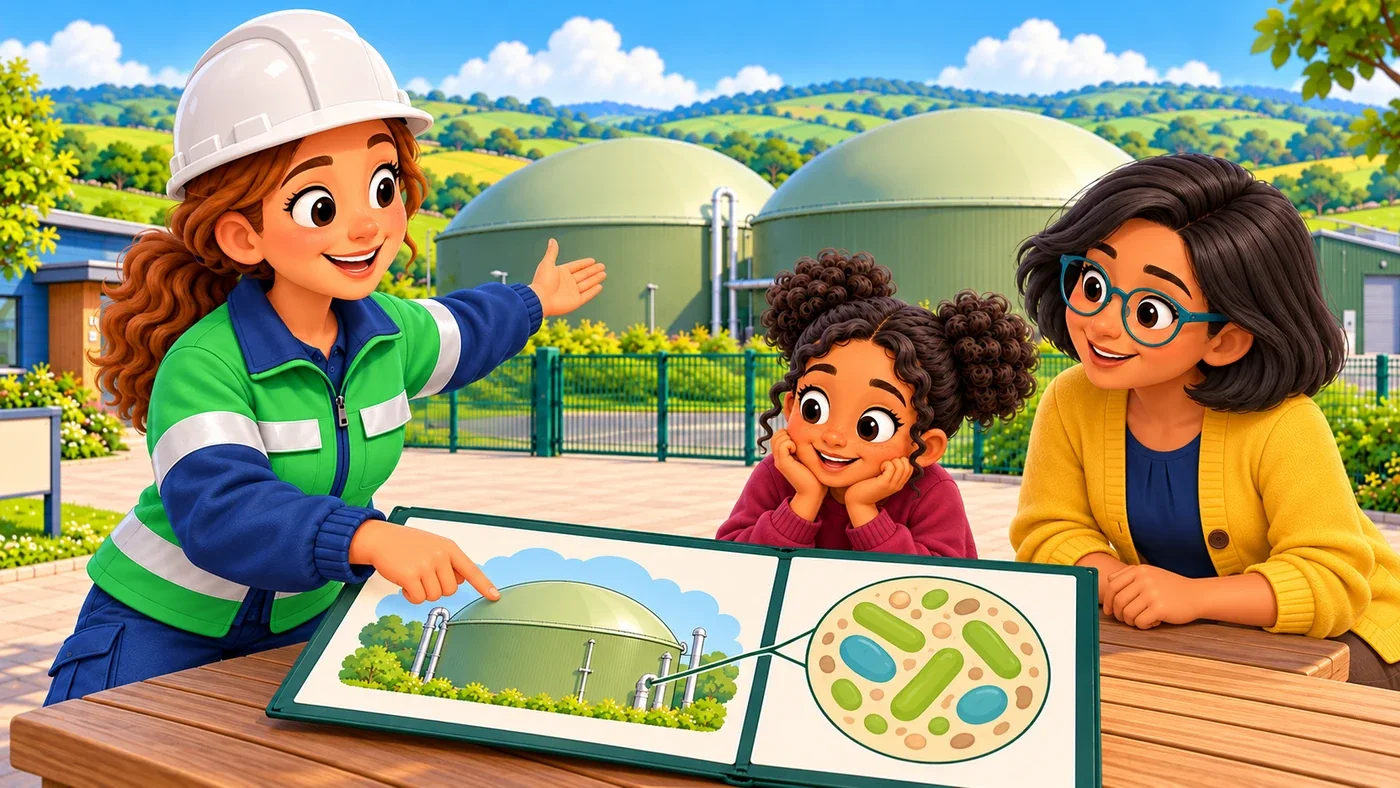 Amina points to the tank drawing in her portfolio with one hand and to the real closed tank beyond the fence with the other, while Zara and Isla watch.