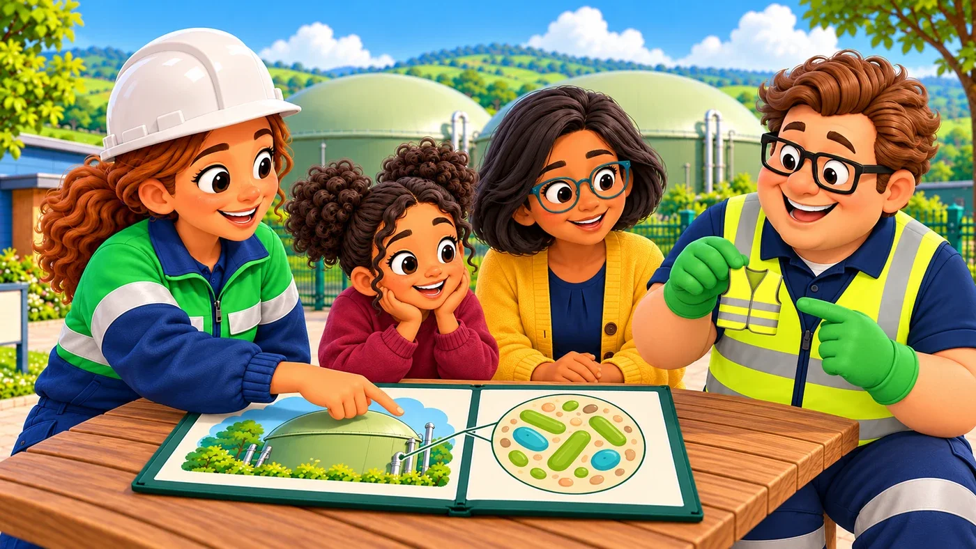 Eddie smiles and holds the tiny yellow vest next to the portfolio while Amina points to the picture of microorganisms and Zara and Isla laugh kindly.