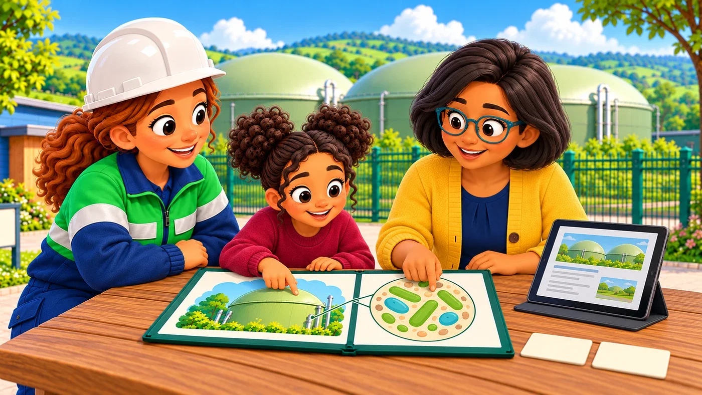 Isla and Zara clip the portfolio open beside a small tablet showing a local guidance page, while Amina nods, with the sealed tanks still behind the closed fence.