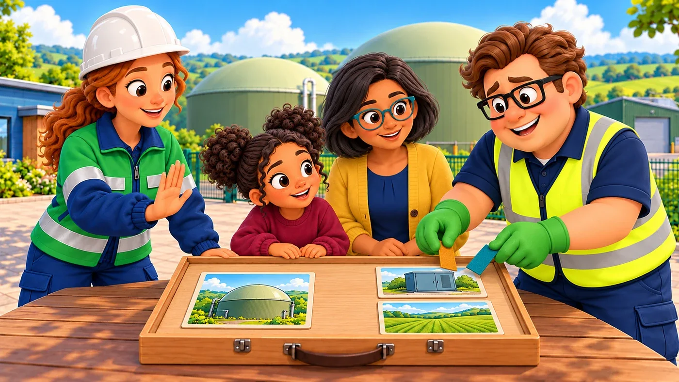 Eddie holds both the amber and teal strips towards the energy cabinet card while Amina raises an open hand to pause him and Zara and Isla watch.