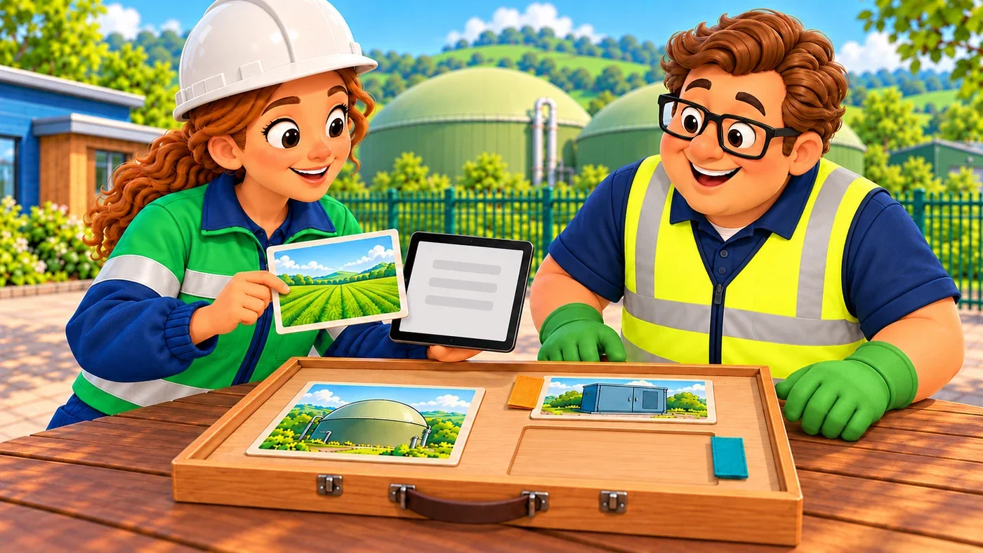 Amina holds the field card beside a small tablet with a checking screen, with the teal strip next to her and the energy card apart, while Eddie listens.
