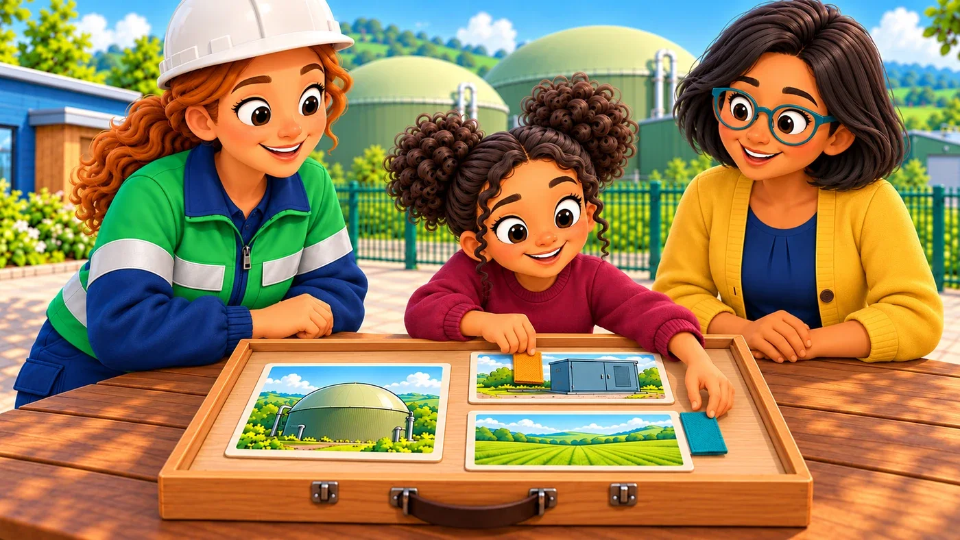 Zara, with Isla right beside her, matches the amber strip to the energy cabinet card and the teal strip to the field card while Amina watches.