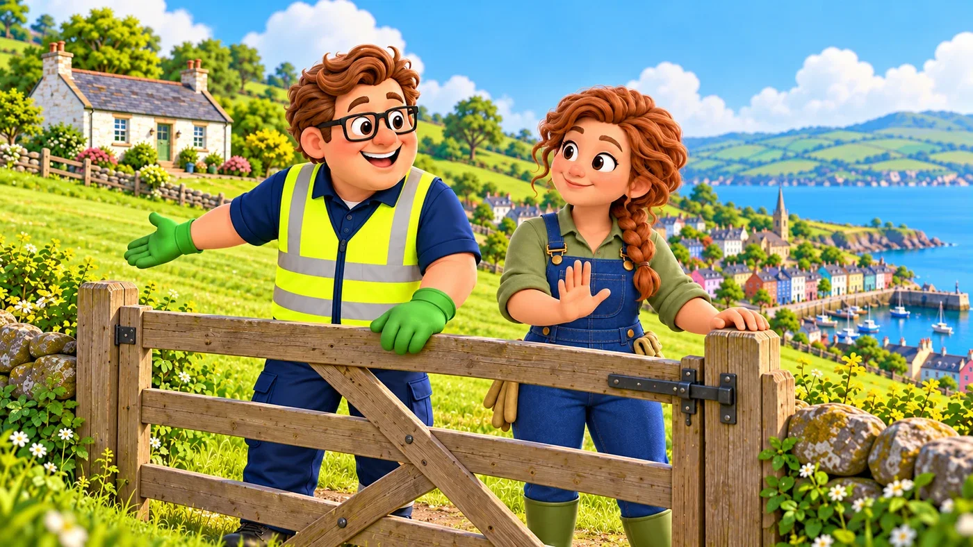 At the farm, Fiona calmly keeps the field gate closed while Eddie stands beside her.