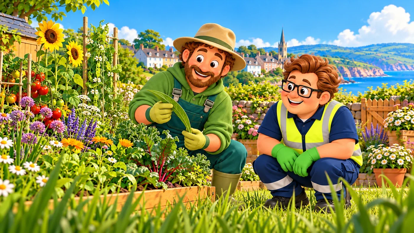 In the garden, Arthur and Eddie look at tall, fully grown plants.