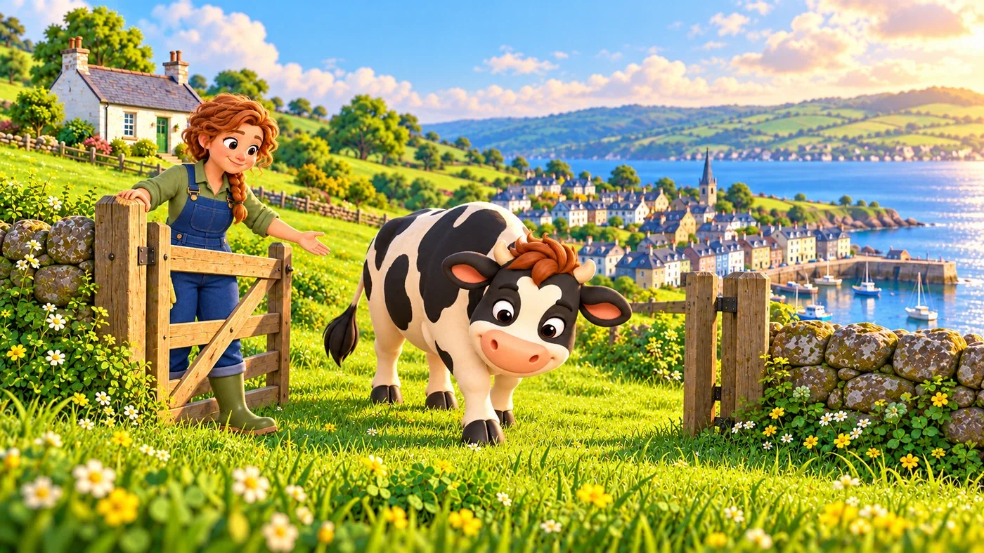 Fiona opens the gate and lets Hamish the cow into a later, ready pasture of grass.