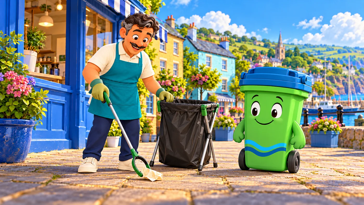 Angelo, wearing gloves, picks up the wrapper with a litter picker and a bag.