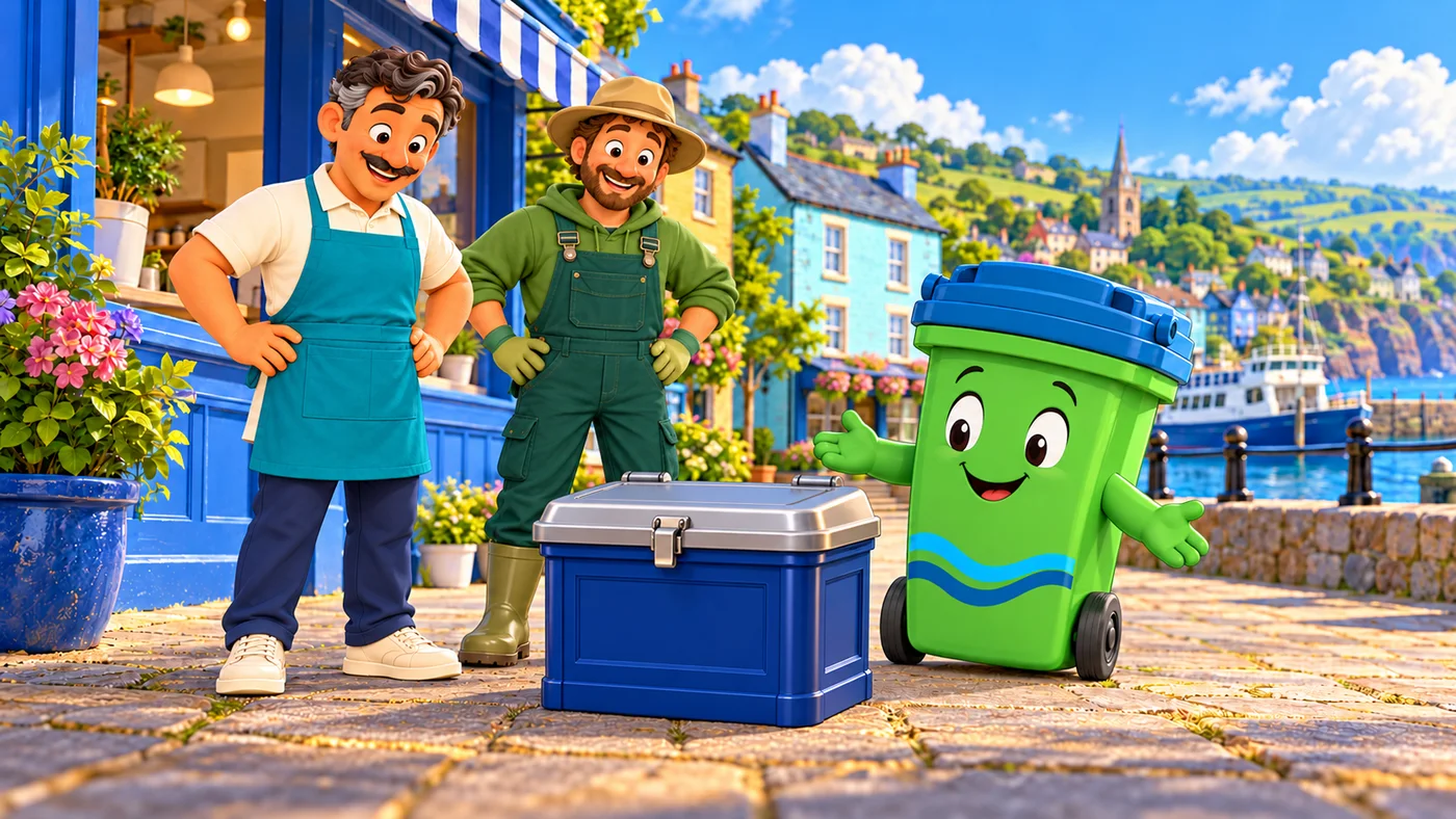 Angelo, Arthur and Buddy beside the closed bin and the tidy shop front.