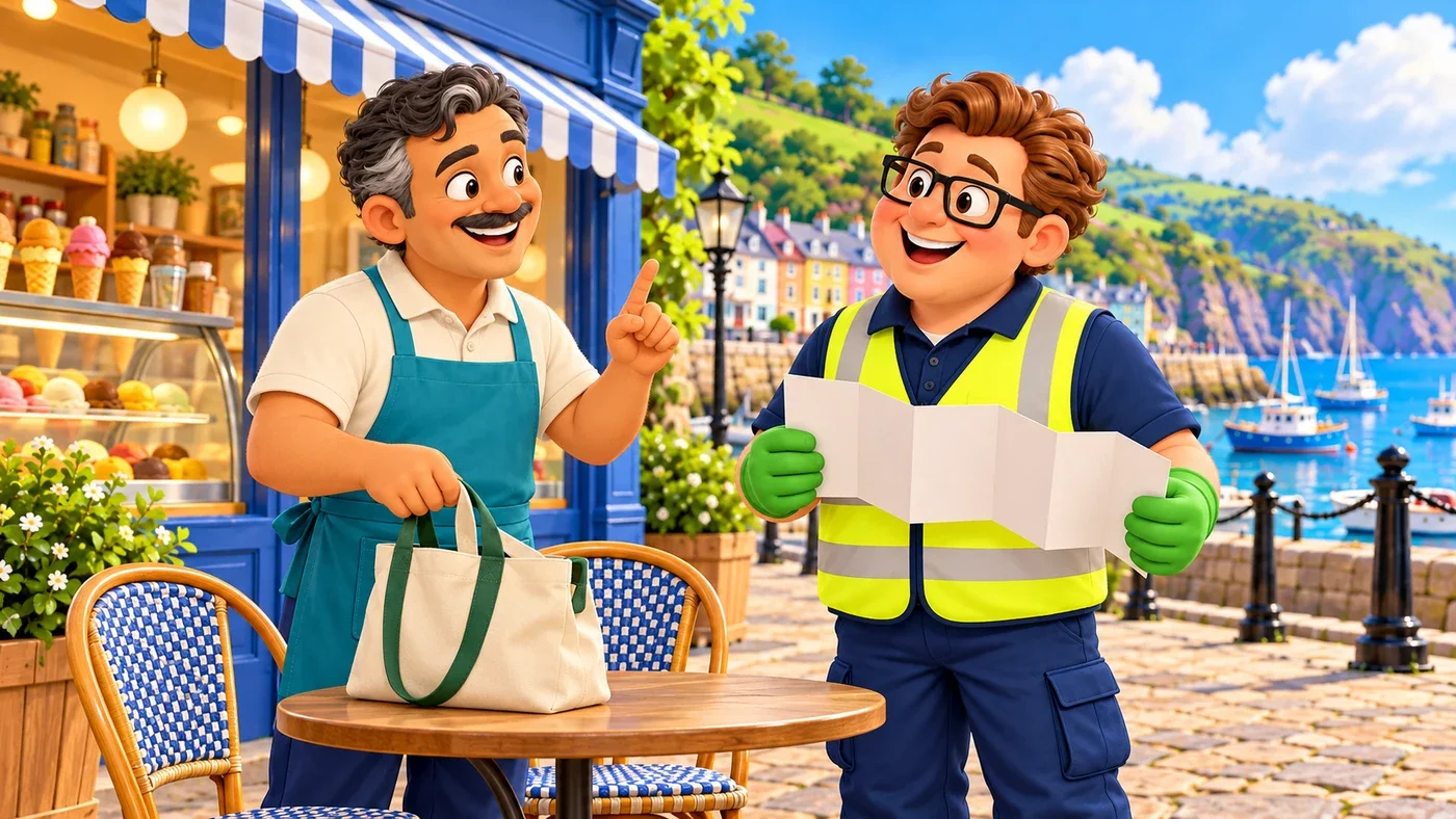 Angelo grins and points at a reusable shopping bag while Eddie is still explaining.