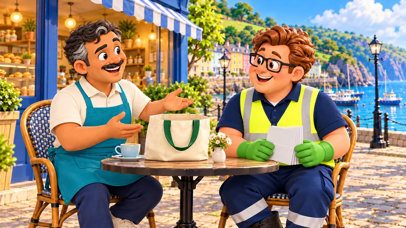 Angelo and Eddie at a café table with a reusable bag between them.