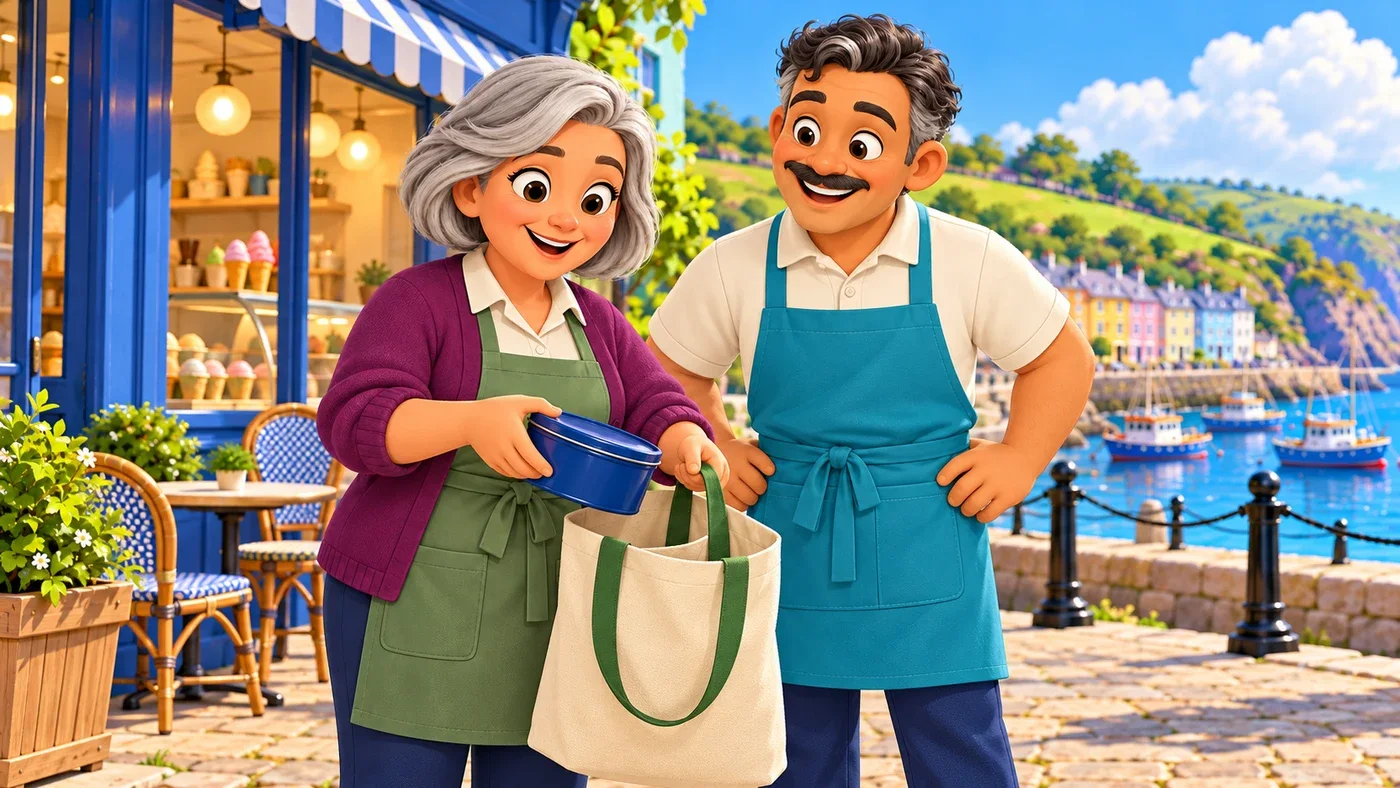 May holds up a reusable bag beside Angelo.