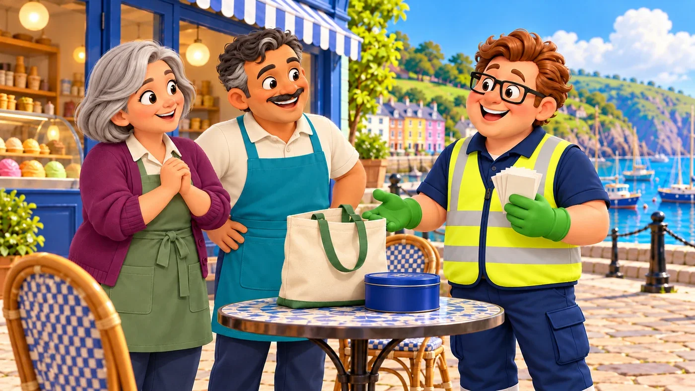 May, Angelo and Eddie laugh together at the café table.