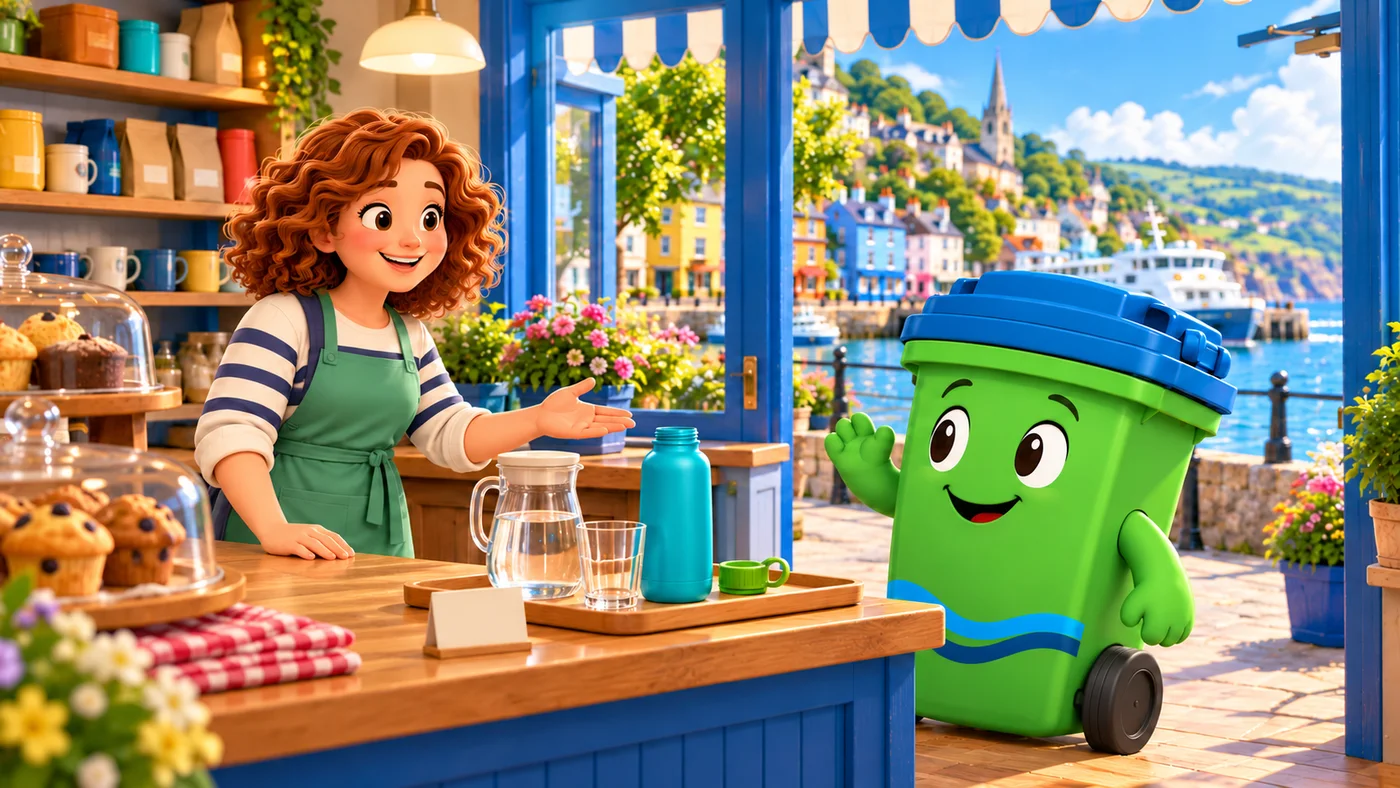 Ailsa and Buddy at the island shop counter, with the same bottle.