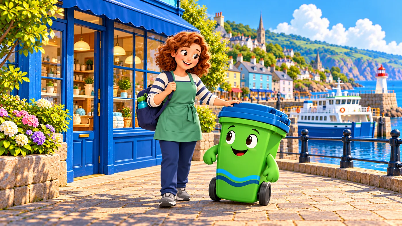 Ailsa and Buddy outside the island shop, the bottle in her bag.