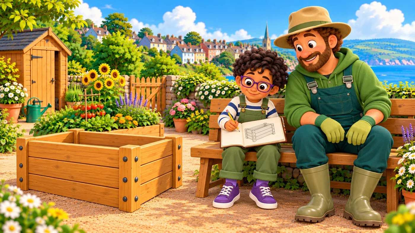 Rowan sketches the planter on a bench beside Arthur.