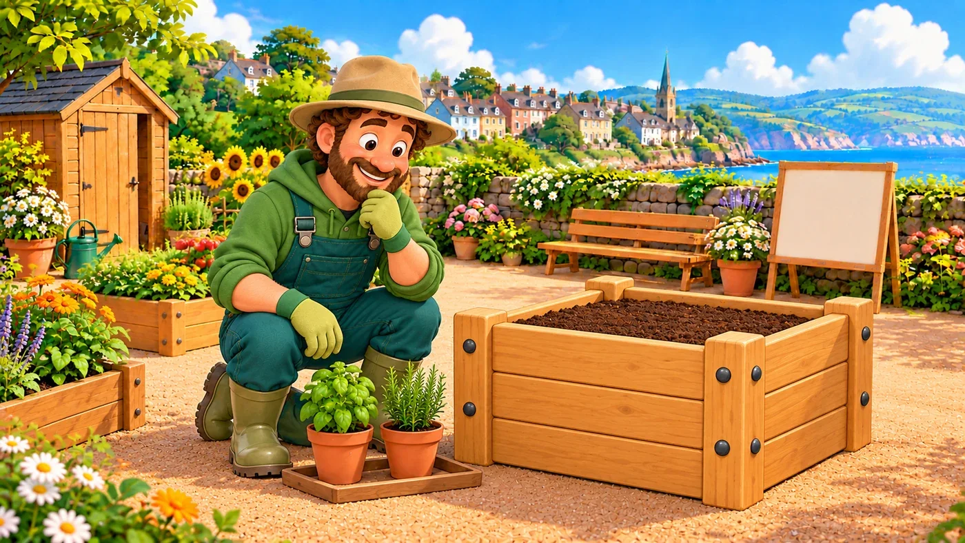 Arthur fills the mended planter with plants.