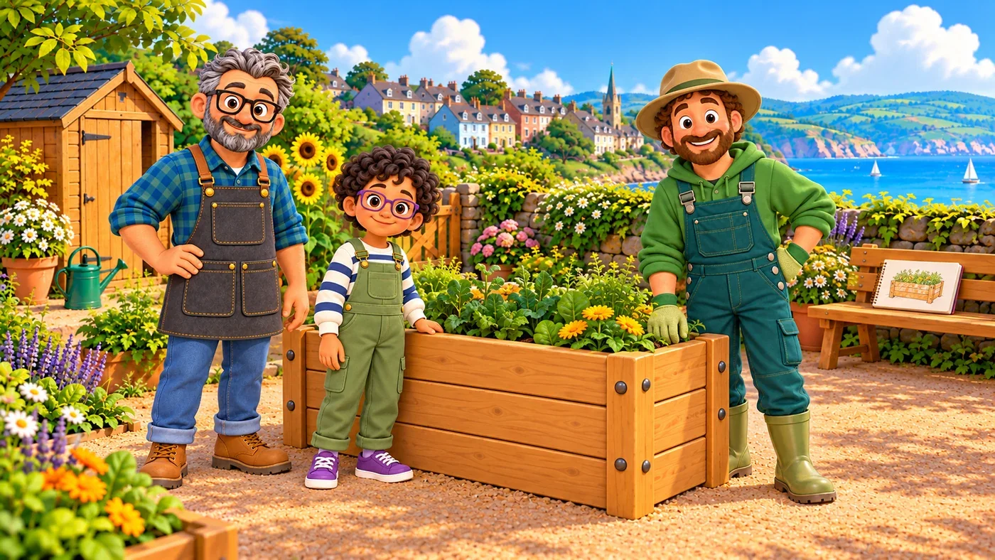 Stan, Rowan and Arthur beside the full planter.
