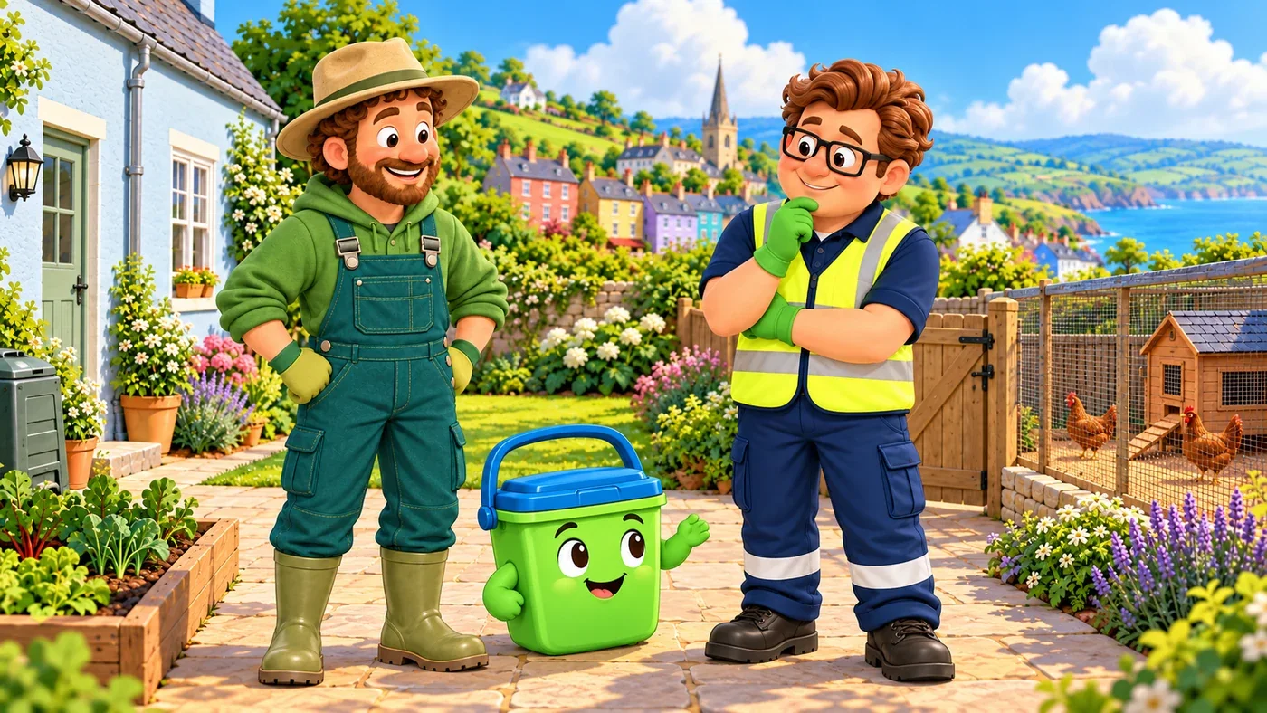 Wee Bin stands with Eddie and Arthur, explaining his job.