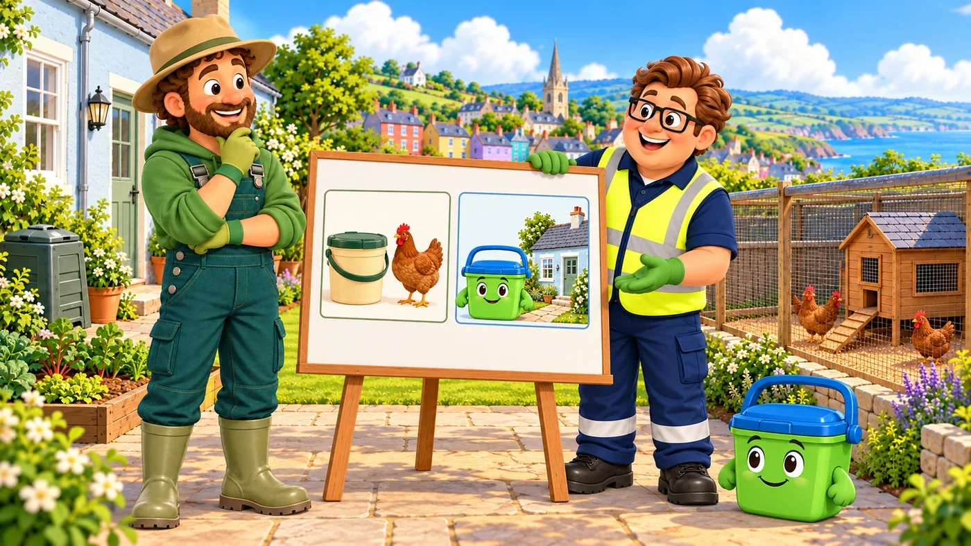 Arthur and Eddie beside a board showing hen feed and the caddy apart.