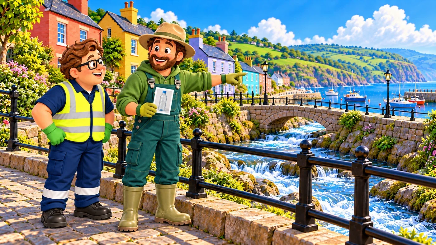 On a stone bridge, Arthur holds the bottle picture in one hand and points along the burn towards the harbour, while Eddie listens behind the railing.