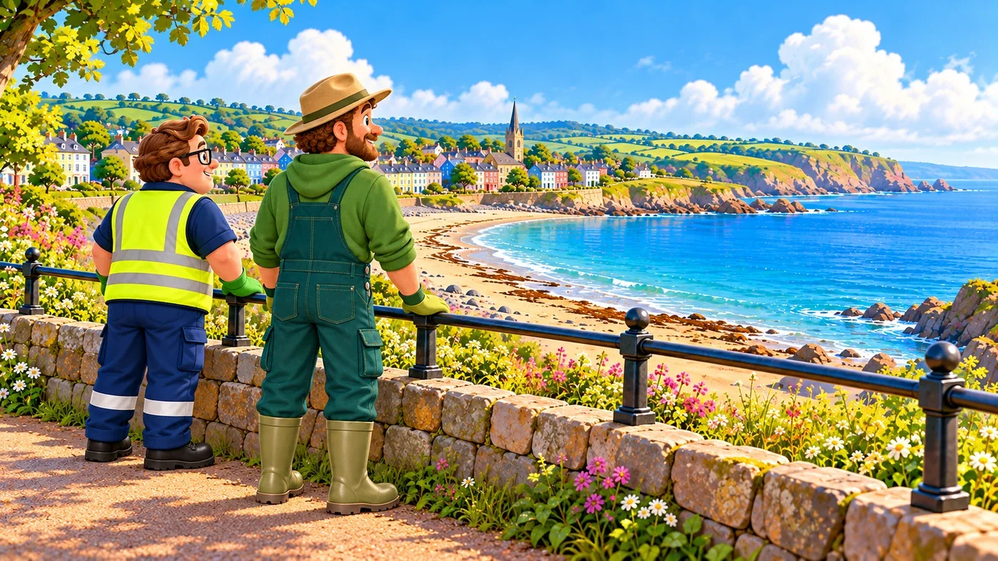 Seen from behind, Arthur and Eddie look out over an empty shore from a wide path behind a stone wall and railing.