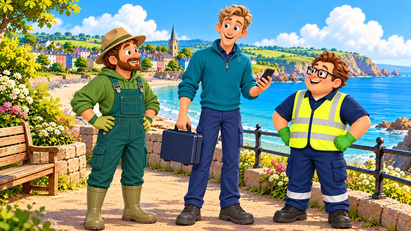 On the shore path, tall Wee Wullie holds a closed case and gestures to his phone, while Arthur and Eddie listen.