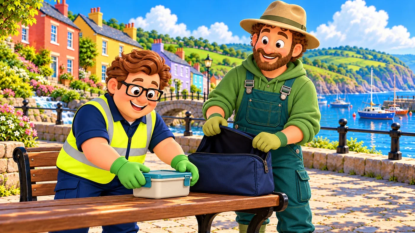 On a bench by the burn, Eddie clips his reusable lunchbox shut while Arthur holds open Eddie’s navy carry bag.