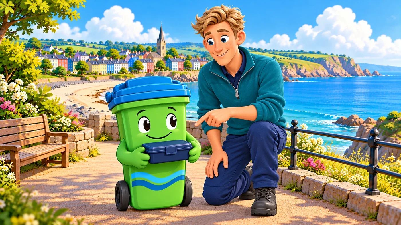 Buddy holds a closed blue lunchbox at his chest on the coastal path, and tall Wee Wullie kneels beside him pointing at the fastening.