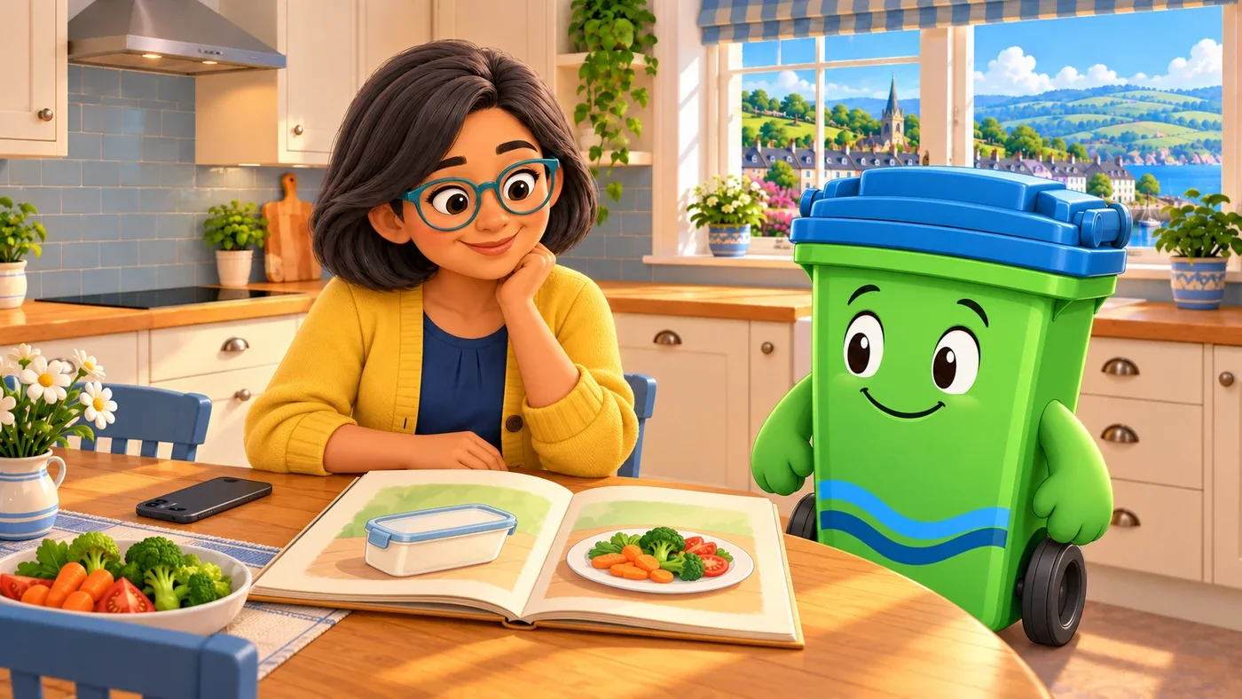 A storybook about saving food sits open on the table.