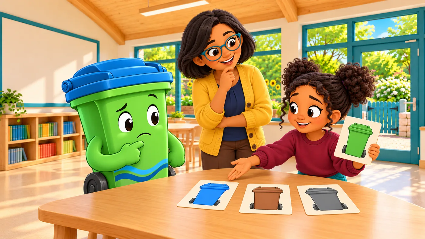 Zara compares a green bin picture with a blue one while Buddy and Isla consider the question.