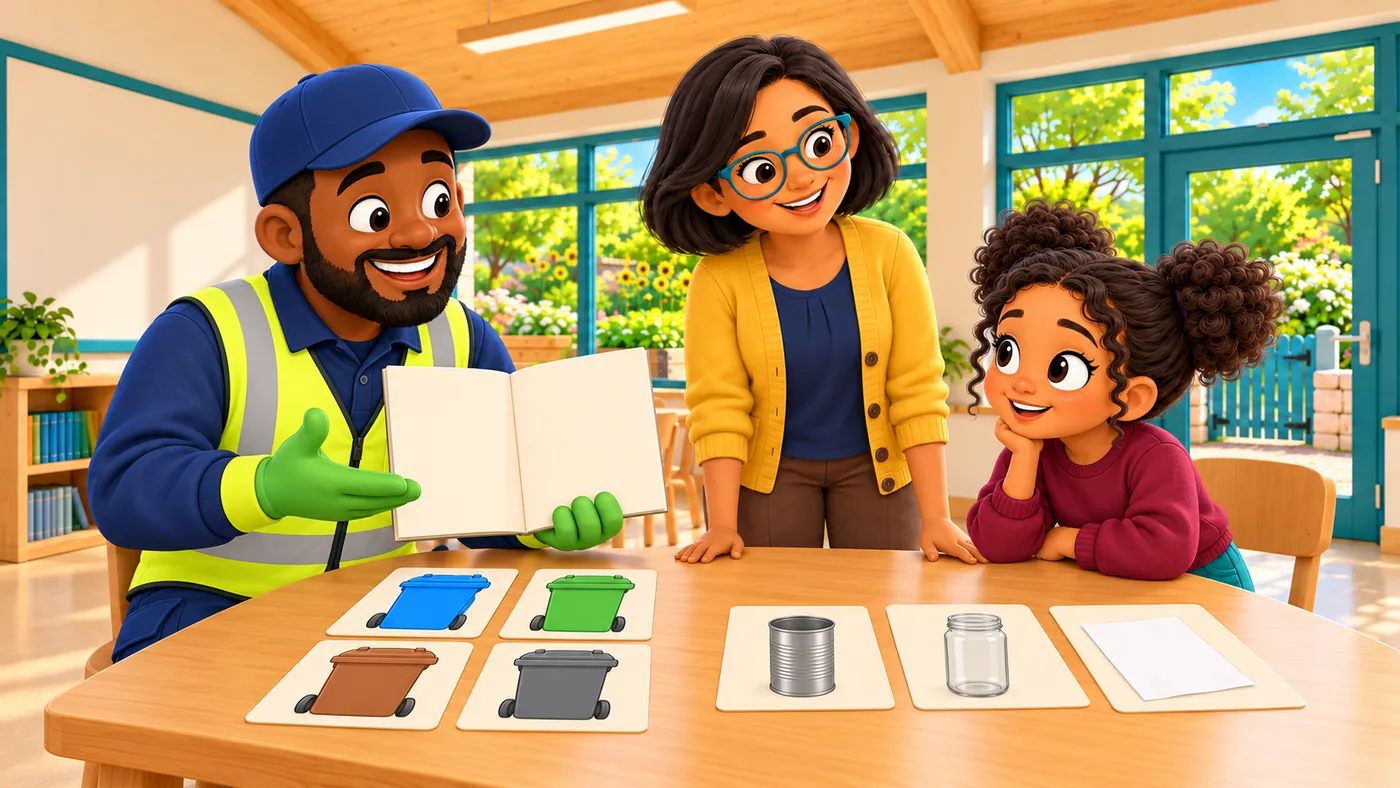 Malik shows an open guide while Zara and Isla look at separate bin and material picture cards.