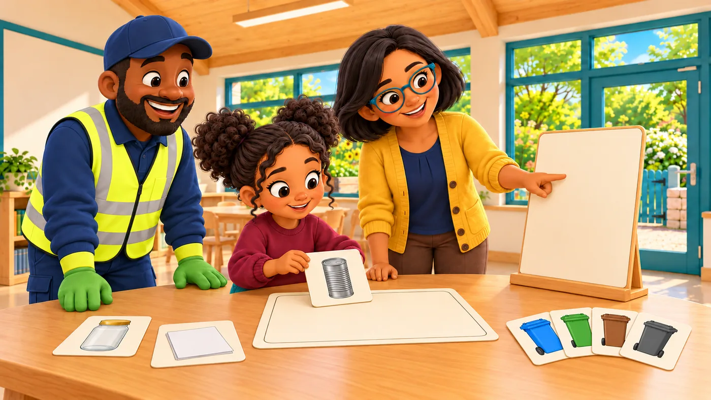 Zara places a tin-picture card on a cream mat while Isla points to the example guide and Malik watches.