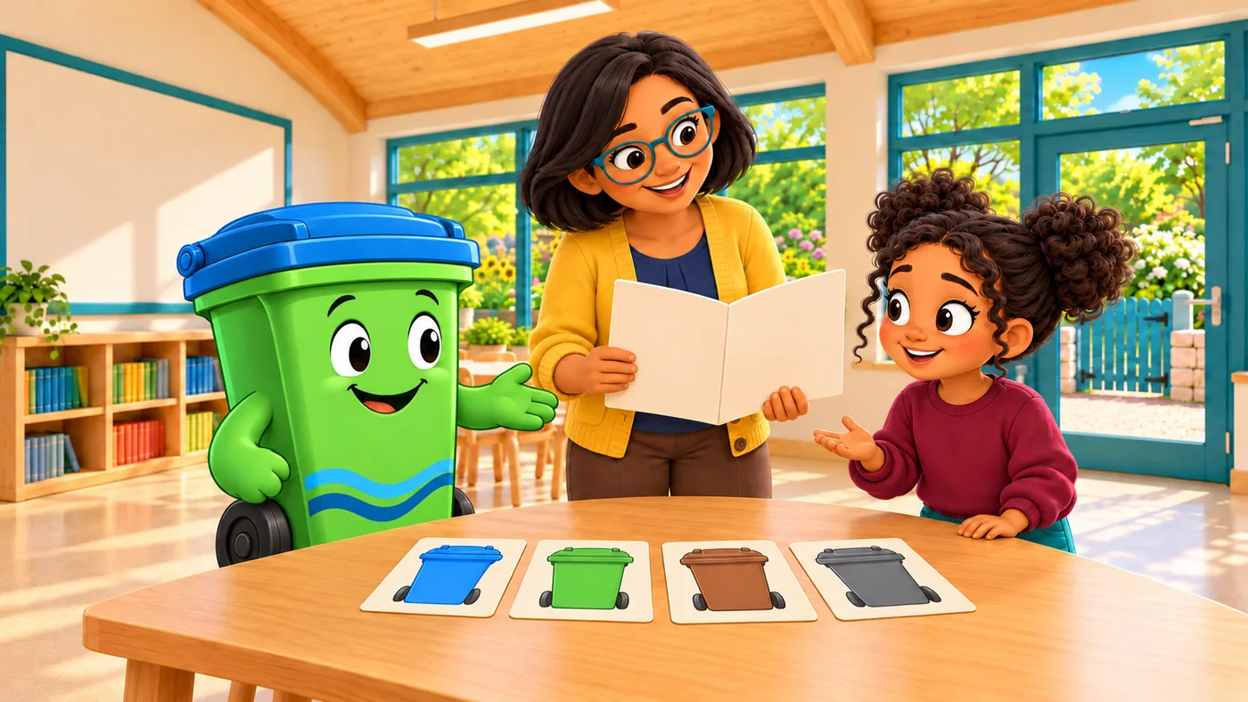 Buddy gestures towards the guide held by Isla while Zara asks a question and four bin-picture cards rest on the table.