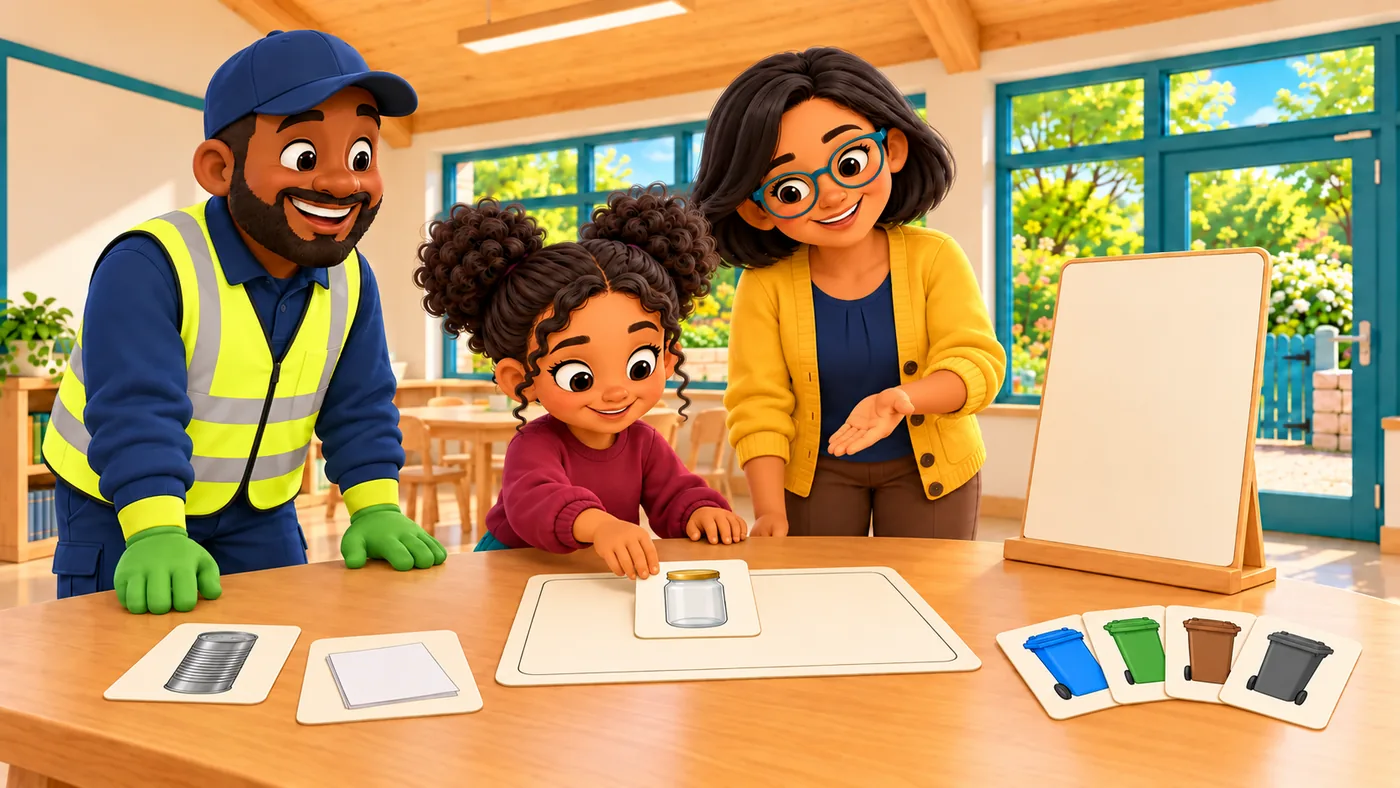 For the second round, Zara puts the jar-picture card on the cream mat. The tin and paper pictures are beside the mat. The four coloured bin-picture cards remain unused to the right.