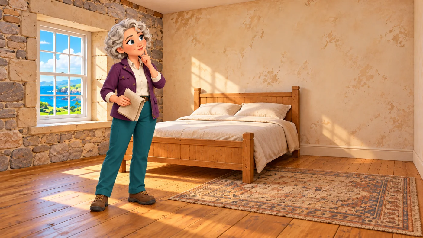 Cecily considers the guest room while holding a folded piece of fabric.