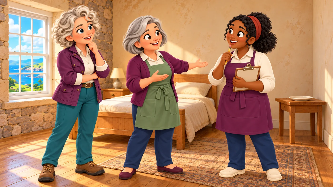 May and Mairi discuss plans with Cecily in the guest room. Mairi holds a blank clipboard and pencil.