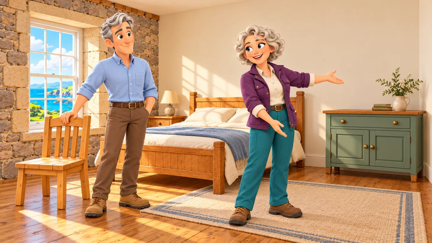 Hugo and Cecily stand in the room with a wooden chair beside the window and a restored green cupboard against the wall.