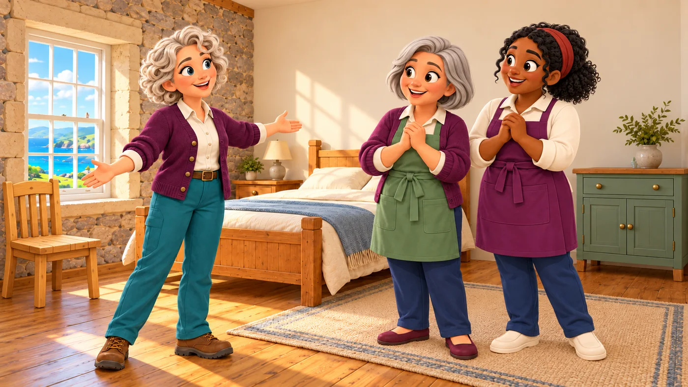 Cecily welcomes May and Mairi back to the furnished guest room, with the wooden chair, green cupboard and a throw on the bed.
