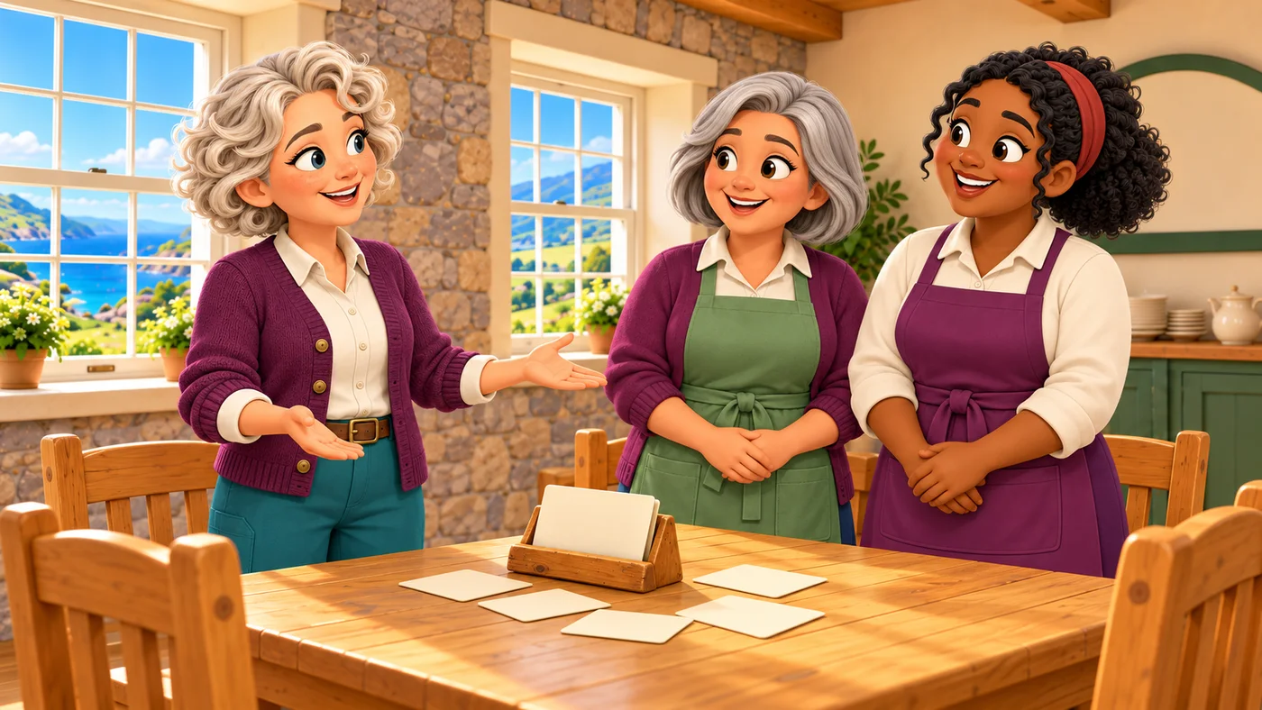 Cecily, May and Mairi stand at a table with blank cream cards and a wooden card holder.