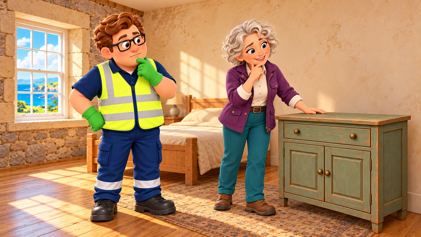 Eddie and Cecily look thoughtfully at the worn cupboard in the guest room.