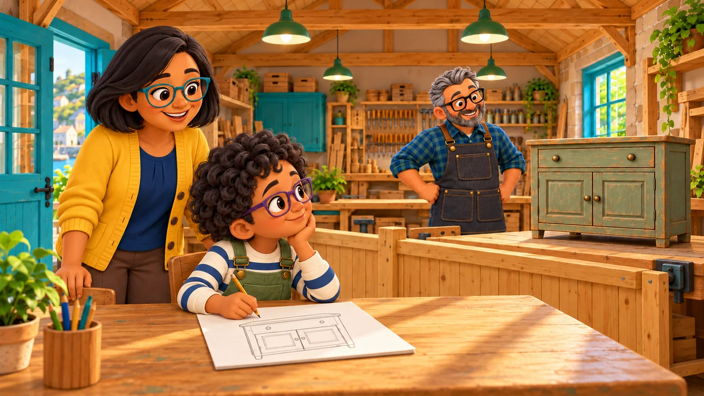 Rowan draws the cupboard at a separate table with Isla beside him. Stan stands near the worn cupboard on the workshop bench.