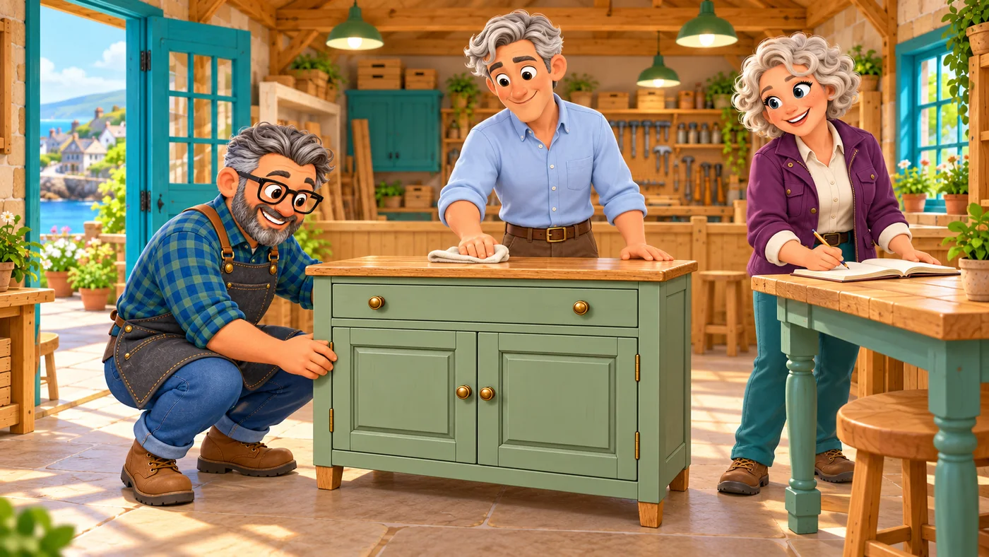 Stan checks the restored cupboard while Hugo wipes the top and Cecily writes in her notebook at a nearby table.
