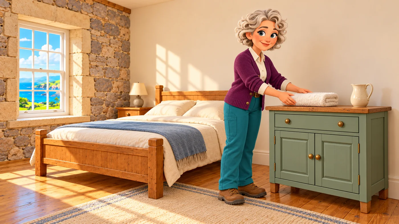 Cecily lays clean folded towels on the restored green cupboard in the guest room.