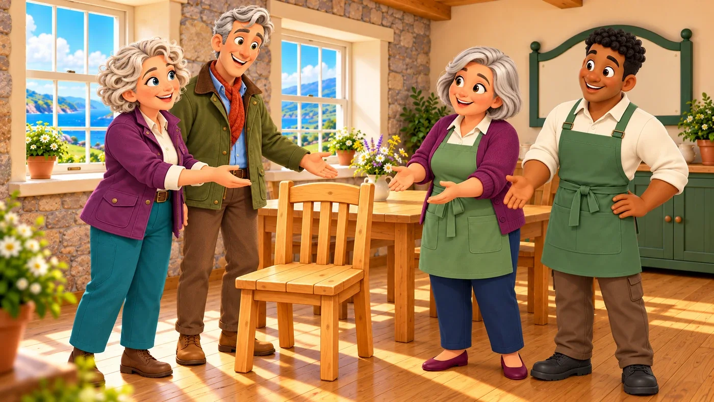 Hugo and Cecily show May and Thomas a restored chair.