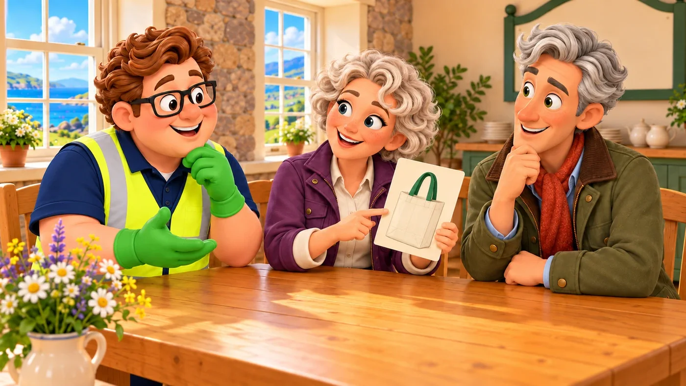 Eddie, Cecily and Hugo at a table with a reusable bag.